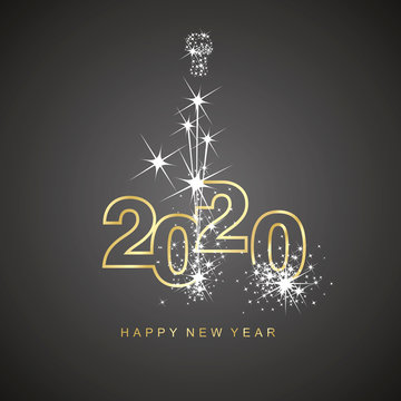 Happy New Year 2020 firework gold line design numbers black background