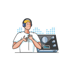 young man with earphones and audio console