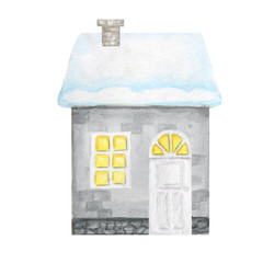 Watercolor Christmas winter gray house with luminous windows, and with snow on the roof on a white background