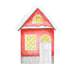 Watercolor Christmas winter red house with luminous windows, and with snow on the roof on a white background