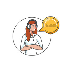 cute young woman with earphones and speech bubble