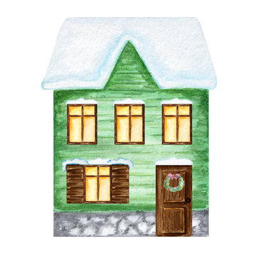 Christmas winter green house with luminous windows, and with snow on the roof on a white background. Two-storey bright colors house with Xmas Wreath decoration. Watercolor illustration