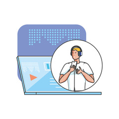 young man with earphones and laptop