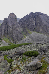 View of mountain peaks in summer time in High Tatras with cloudy sky.