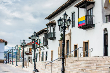 Beautiful streets and houses around Bolivar Square in Tunja city