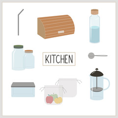 Set of vector elements, eco, green and zero waste lifestyle for kitchen. Breadbox, stainless steel straw, food container, tea globe infuser, produce bag, french press, glass jars and bottle.