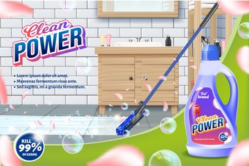 Bottle Clean Power. Mop Washes Bathroom Floor.