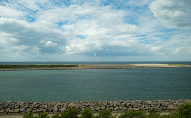 wind Turbines in summer day. Isbådsmuseet, Korsør, Denmark, july 2019