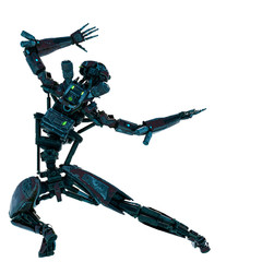 ninja robot in action in a white background rear view