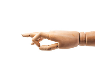 hand of wood doll make fingers to touch on white bakground