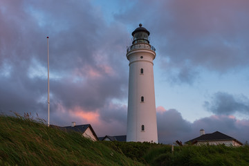 Historical Hirtshals lighthouse on the coast of Skagerrak at sunset, Denmark(Danmark). July 2019