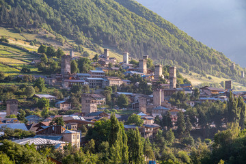 Fototapeta na wymiar Areal view of beautiful old village Mestia. Great place to travel.
