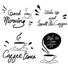 Handwritten lettering coffee with phrase quote design elements for cafe decoration and shop advertising vector