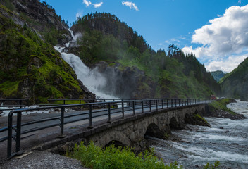 Fototapeta premium Latefossen (Latefoss) twin waterfall - one of the biggest waterfalls in Norway, nearby Odda. HDR image, july 2019