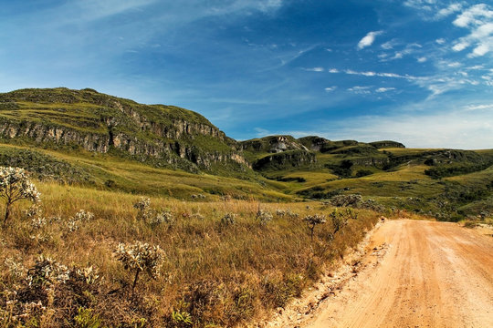Rural dirt road cutting through the Cerrado vegetation in the Serra da Canastra, Minas Gerais, Brazil. A peaceful landscape showcasing the beauty of Brazil's savanna ecosystem.