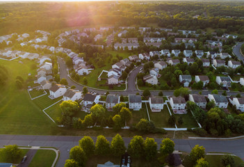 Aerial view of residential quarters at early sunrise. Beautiful Town Urban landscape at dawn