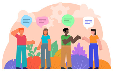 Communicate, discuss, team brainstorm. People chatting, talking. Poster for social media, web page, banner, presentation. Flat design vector illustration