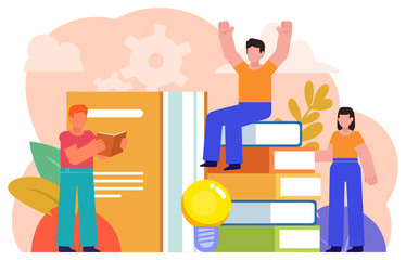 Self education concept, training, learning, library. People stand near big books and read. Poster for web page, presentation, social media, banner. Flat design vector illustration