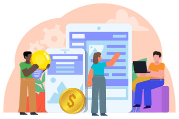 Cross-platform website development team. People stand near big smartphone, tablet. Poster for social media, banner, presentation, web page. Flat design vector illustration