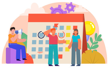 Work planning, schedule, time management concept. People stand near big calendar. Poster for web page, social media, banner, presentation. Flat design vector illustration