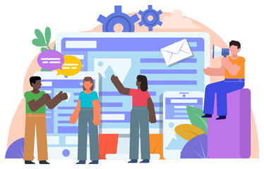 Team working on cross-platform website. People stand near big screen, smartphone, tablet. Poster for web page, social media, banner, presentation. Flat design vector illustration