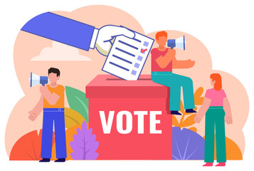 Vote, election concept. People stand near big voting box. Poster for social media, web page, banner, presentation. Flat design vector illustration