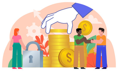 Financial success, income growth, savings, secure deposit. People stand near big stack of golden coins. Poster for social media, web page, banner, presentation. Flat design vector illustration