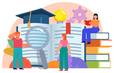 Education in college, university concept. People stand near big books. Poster for social media, web page, banner, presentation. Flat design vector illustration
