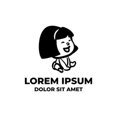 Happy cute little Asian baby girl sit character mascot logo design