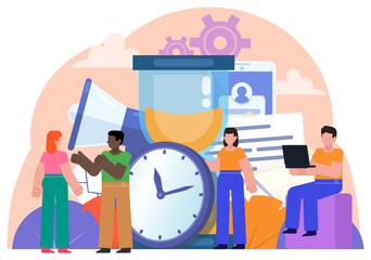 Successful time management, planning. People stand near big watches. Day planning, office work. Poster for social media, banner, web page, presentation. Flat design vector illustration