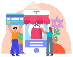 Mobile, online shopping. People stand near big smartphone, online store, buy with credit card. Poster for social media, banner, web page, presentation. Flat design vector illustration