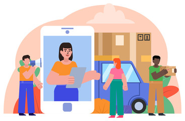 Online delivery, courier service concept. People stand near smartphone, delivery package, car. Poster for banner, social media, web page, presentation. Flat design vector illustration