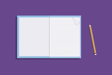 Blue diary with pencil flat styles on purple background, vector illustration