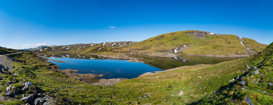Panoramic view of Skjelingavatnet lake, Vik i Sogn, Norway. July 2019