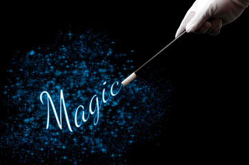 Magic spell, circus performance, fantasy and fairytale dream concept theme with magician hand in...