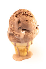 A Melting Chocolate Ice Cream Cone Isolated on a White Background