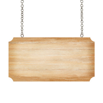 close up of a wooden sign with chain on white background with clipping path
