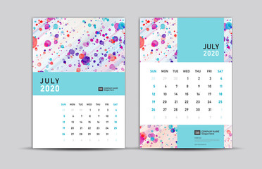JULY 2020 template, Desk calendar 2020, trendy background, vector layout, printing media, advertisement, a5, a4, a3 size, pastel concept