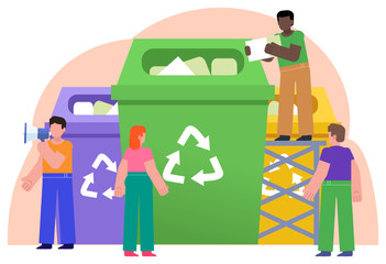 Recycle garbage, save ecology, environment concept. People throwing trash into big recycle bins. Poster for web page, social media, banner, presentation. Flat design vector illustration