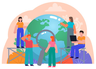 Earth day, save planet concept. People stand near big globe. Poster for social media, web page, banner, presentation. Flat design vector illustration
