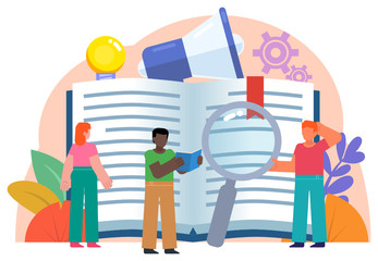 Self education concept. Students stand near big book preparing for exams. Poster for social media, web page, banner, presentation. Flat design vector illustration