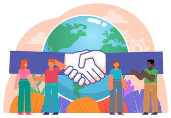 Successful agreement on ecological, earth care. People stand near big earth globe. Flat design vector illustration