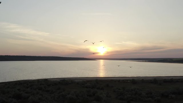 Aerial view of amazing pink sunset at natural lake drone footage
