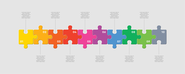 Ten pieces puzzle line diagram info graphic. - obrazy, fototapety, plakaty