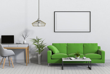 3D render interior living room workspace with sofa, laptop computer and mockup blank poster