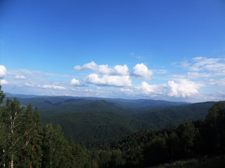 Summer landscape top view. Hills, coniferous forest and blue sky.