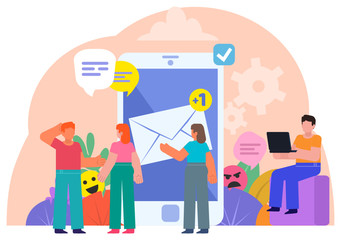 Mobile messenger app, send or receive email. People stand near big phone and chat, talk. Poster for social media, web page, banner, presentation. Flat design vector illustration