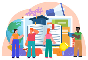 Online courses, video lessons, distance education concept. Students stand near big screen with books. Poster for social media, web page, banner, presentation. Flat design vector illustration