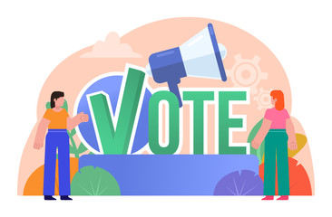 Vote, election campaign poster. People stand near big vote word. Flat design vector illustration