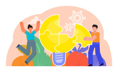 Brainstorm, creative idea, thinking. People combine big idea bulb puzzle. Poster for web page, banner, presentation, social media. Flat design vector illustration